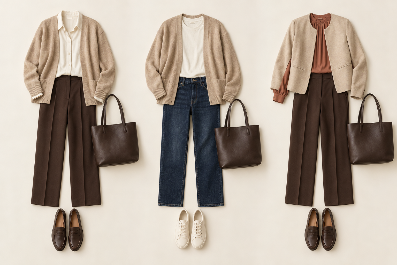 Tres conjuntos con tonos crudos, chocolate y terracota, prendas repetidas y zapatos planos.